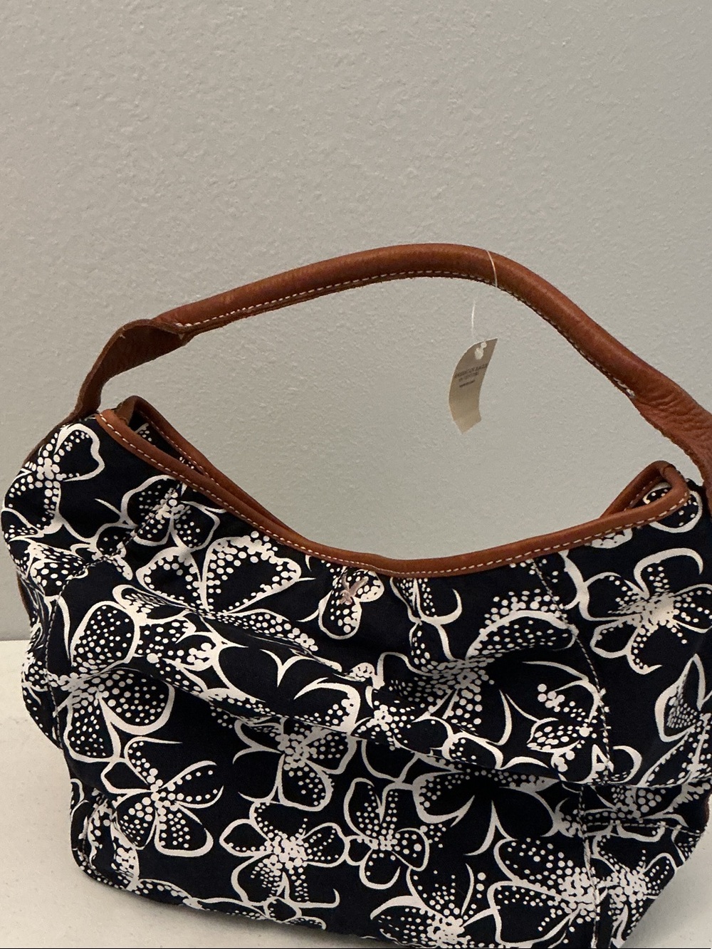 American Eagle Outfitters Black and White Floral Shoulder Bag with Brown Handle